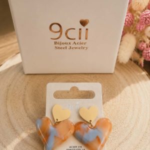 Boules d'oreilles cœur bleues et orange